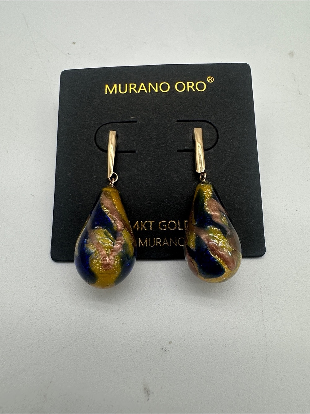 14k Murano Gold-Accented Teardrop Earrings with Blue, Pink and Yellow Swirls